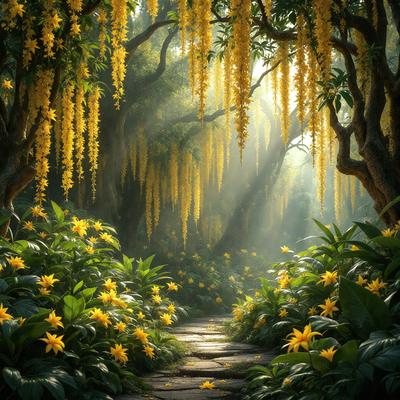 The primary subject of the image is a path surrounded by a forest filled with yellow flowers. The setting is a lush, green environment with a sunny atmosphere. The visual style is a combination of photo and digital art, creating a vibrant and colorful scene. The dominant colors are yellow and green, with the yellow flowers adding a cheerful and lively touch to the overall mood of the image.
